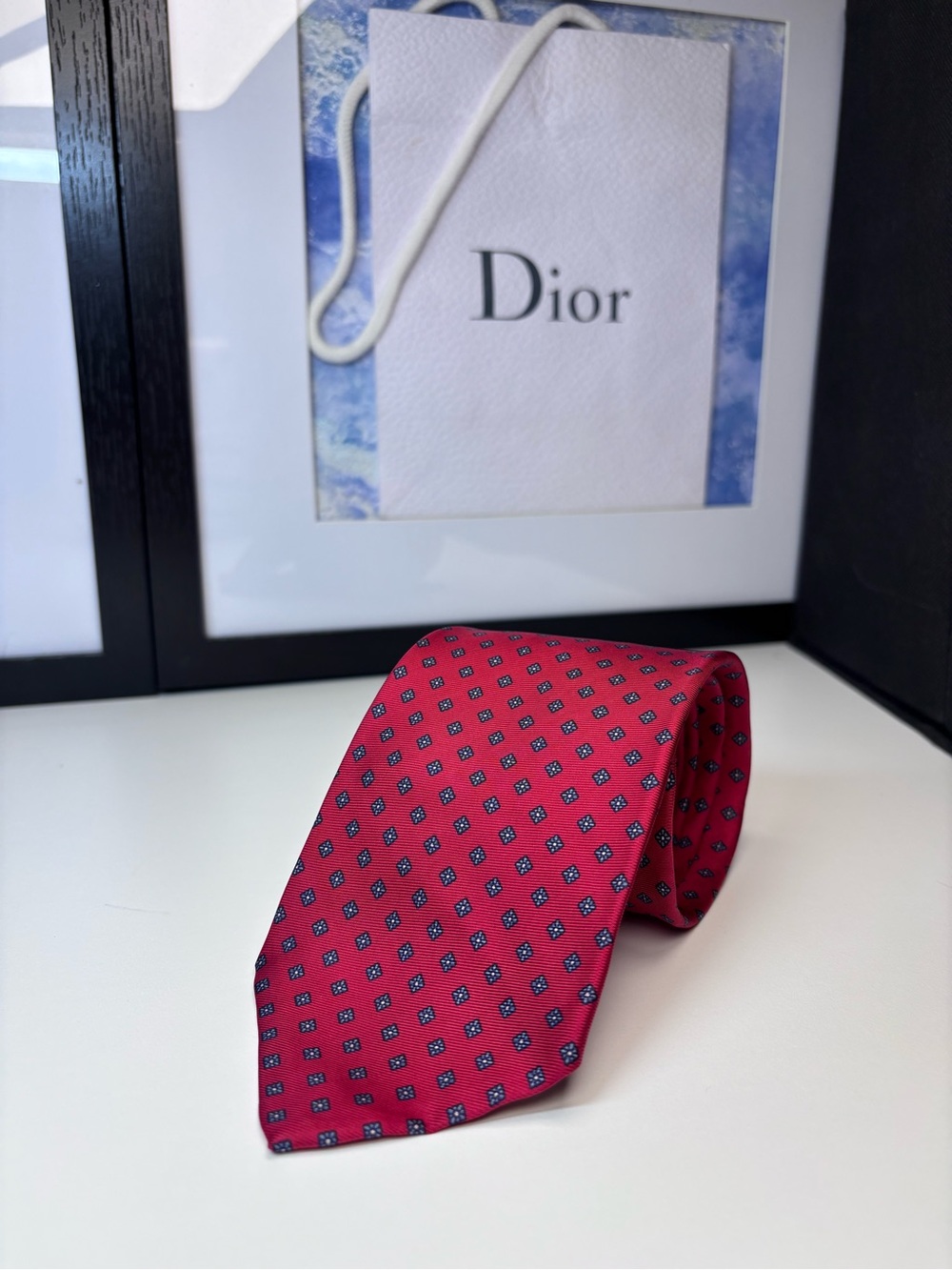 Dior Red Silk Tie with Small Navy Square Floral Pattern Luxury Vintage Designer
